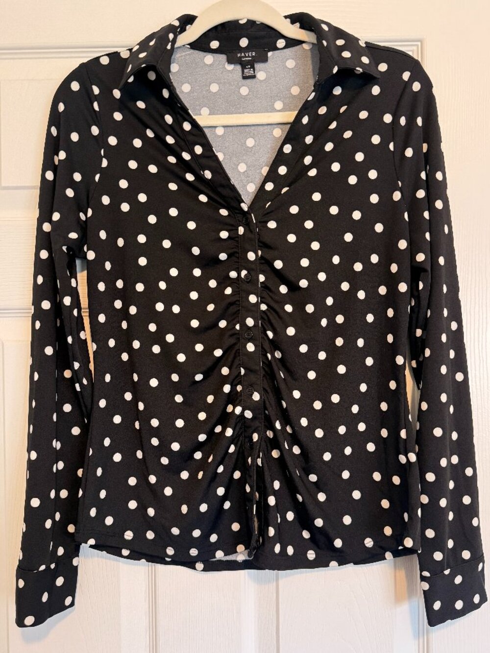 Haver London Black White Polka Dot Ruched Front Stretch Button Up Shirt S